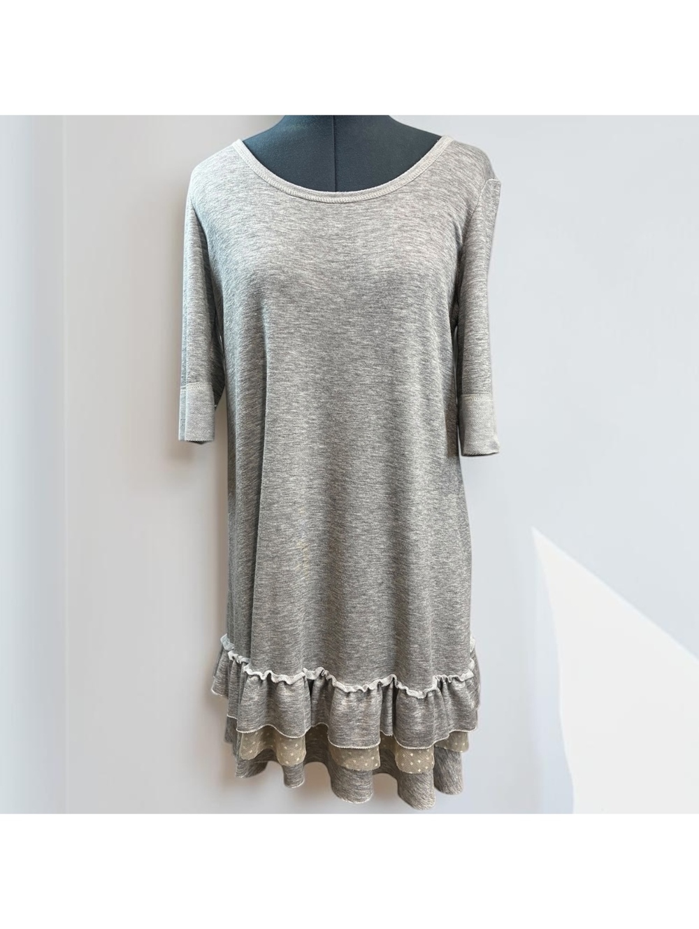 EASEL Gray Knit Ruffle Mesh Hem T-Shirt Dress